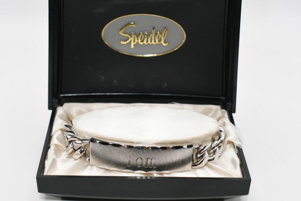 Vintage Speidel Rhodium ID Bracelet Engraved TOM w/ Box 8"